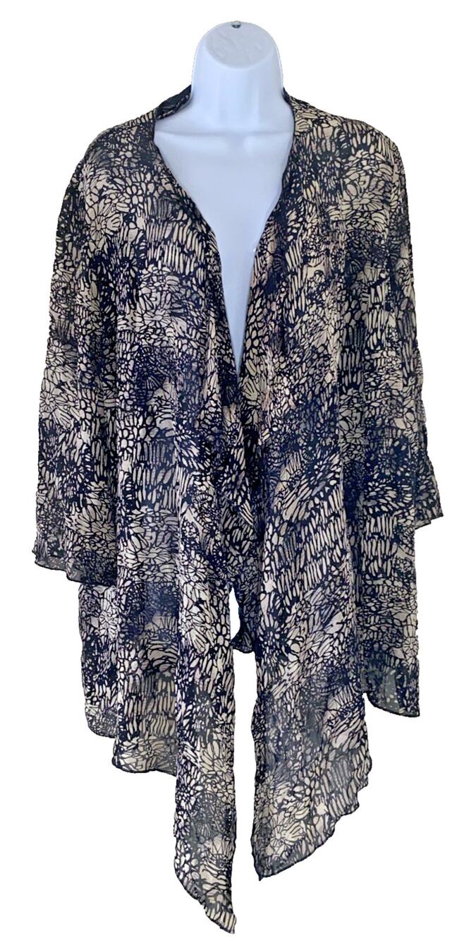Chalou Plus 1X Sheer Boho Open Front Cardigan Black Beige Floral Drape FairyCore